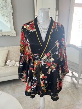 Black Floral Satin Kimono Wrap Dress with Red & White Blooms